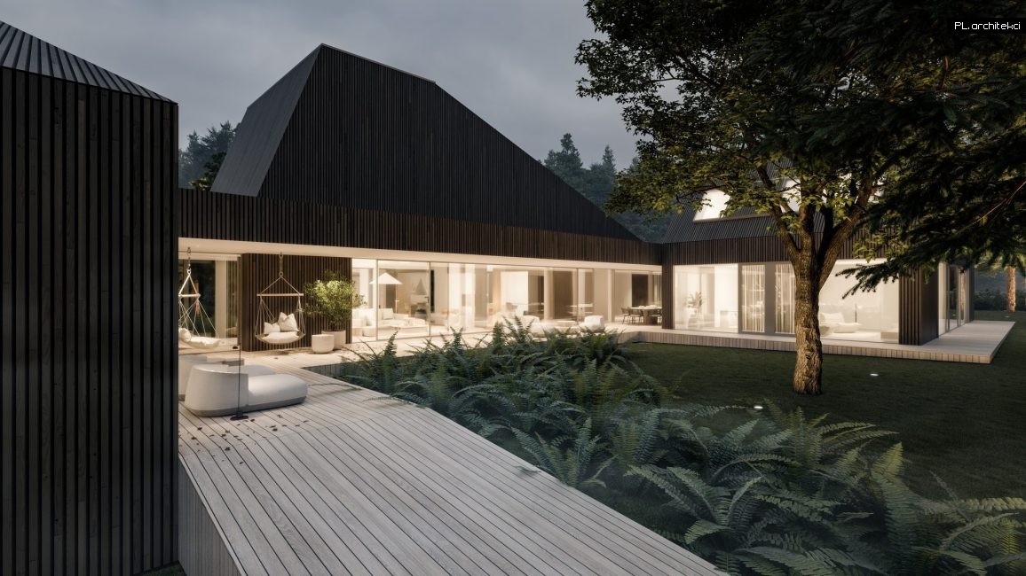 dom rozczłonkowany nowoczesna stodoła dom w lesie drewno elewacja drewniana minimalistyczny plarchitekci