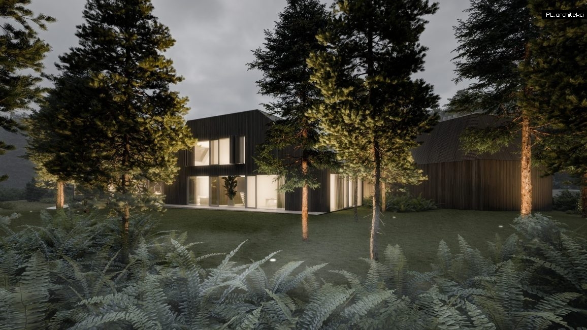 dom rozczłonkowany w lesie nowoczesny minimalistyczny drewniana elewacja drewno plarchitekci