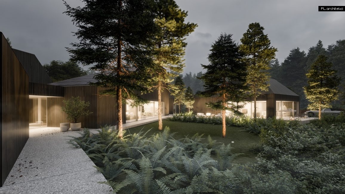 dom rozczłonkowany w lesie nowoczesny minimalistyczny drewniana elewacja drewno plarchitekci