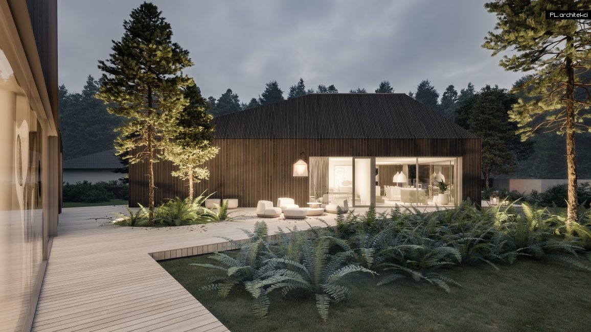 dom rozczłonkowany nowoczesna stodoła dom w lesie drewno elewacja drewniana minimalistyczny plarchitekci