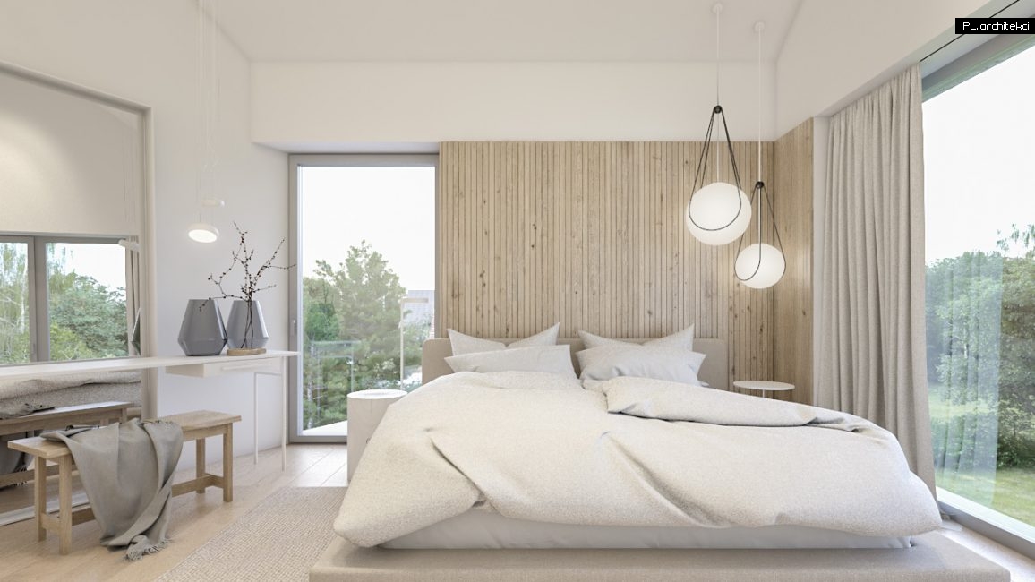 wnętrza domu jednorodzinnego dom nowoczesny minimalistyczny sypialnia drewno biel plarchitekci design