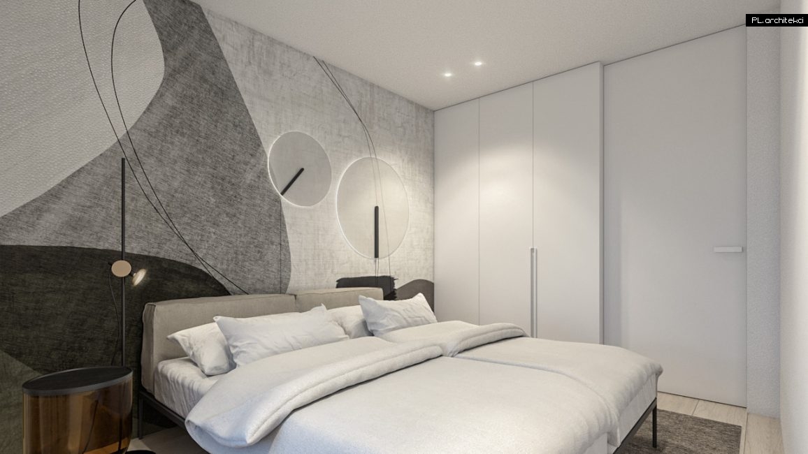wnętrza apartamentu nad morzem nowoczzesny design minimalizm biel biały drewno gdańsk plarchitekci sypialnia
