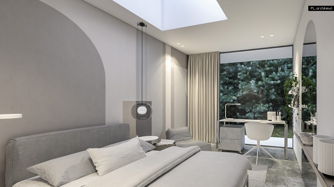 wnętrza domu s minimalistyczny design nowoczesny biały biel sypialnia świetlik plarchitekci