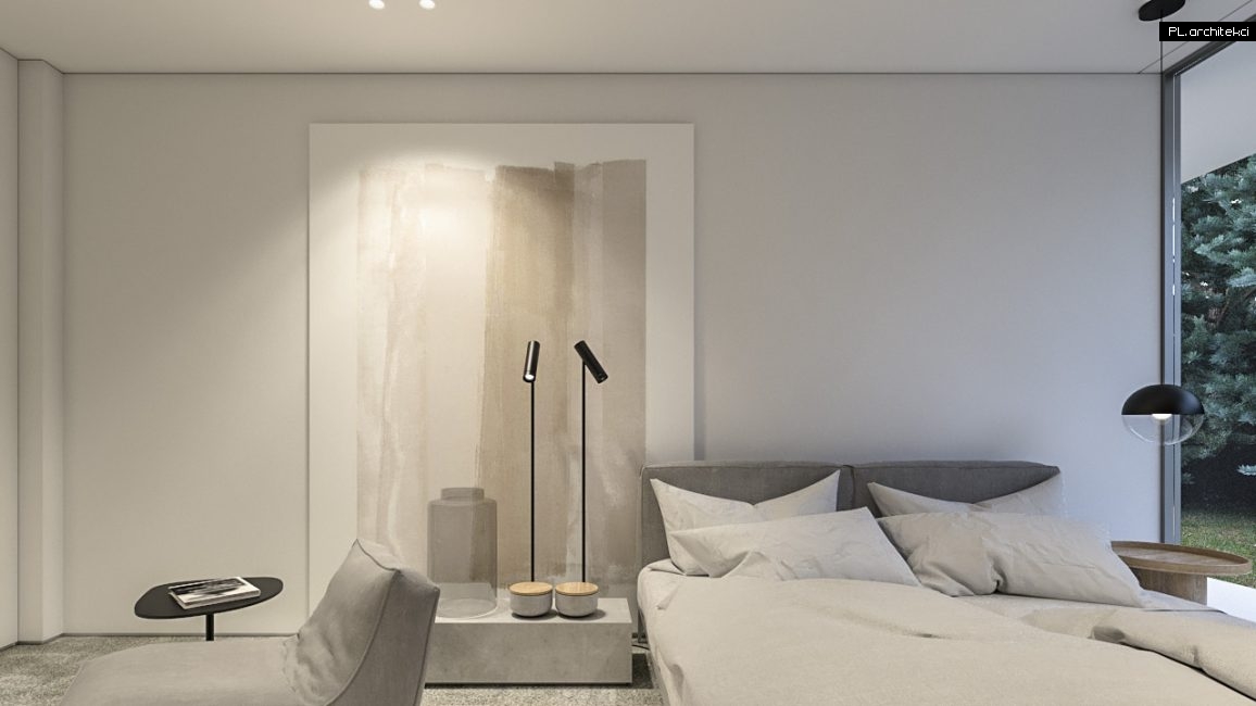 wnętrza domu s minimalistyczny design nowoczesny biały biel sypialnia plarchitekci