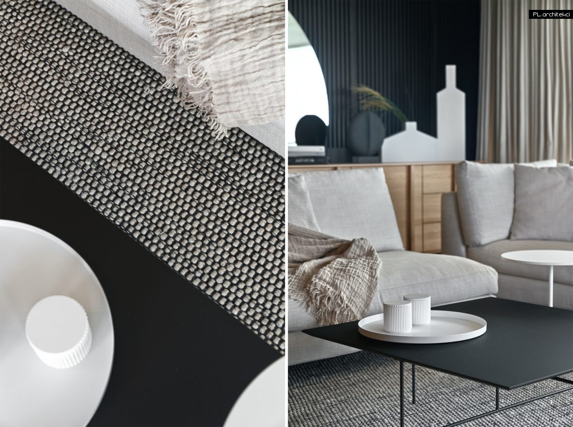 minimalistyczne wnętrze design apartament nam morzem biel czern czarny biały drewno kołobrzeg plarchitekci