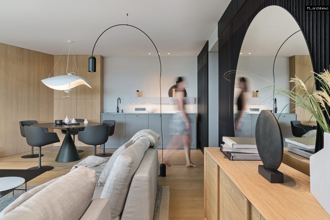 minimalistyczne wnętrze design apartament nam morzem biel czarny biały drewno kołobrzeg plarchitekci