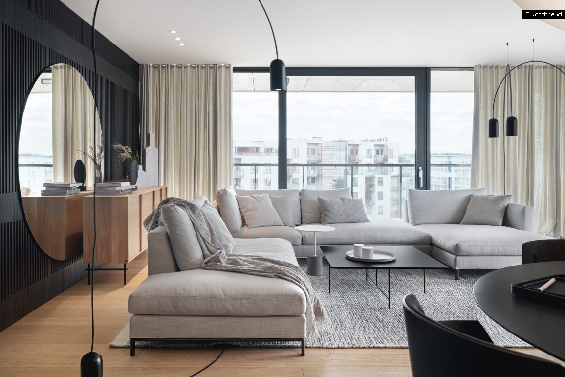 minimalistyczne wnętrze design apartament nam morzem biel biały drewno czerń czarny kołobrzeg plarchitekci